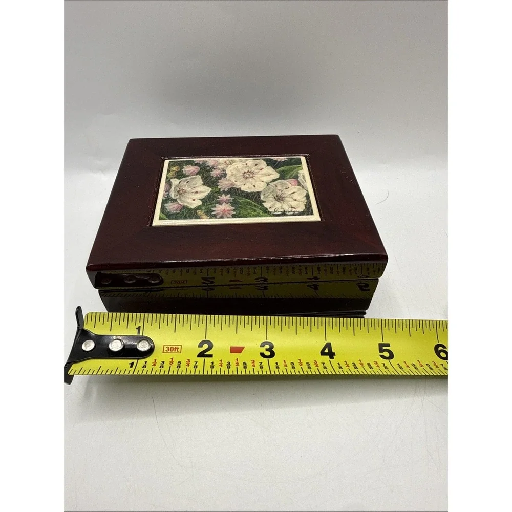 Vintage Wooden Jewelry Box with Floral Tile Top Water Lilly